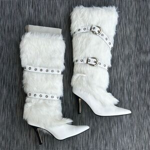 Y2K Colin Stuart Faux Fur and White Leather High Heel Buckle Boots